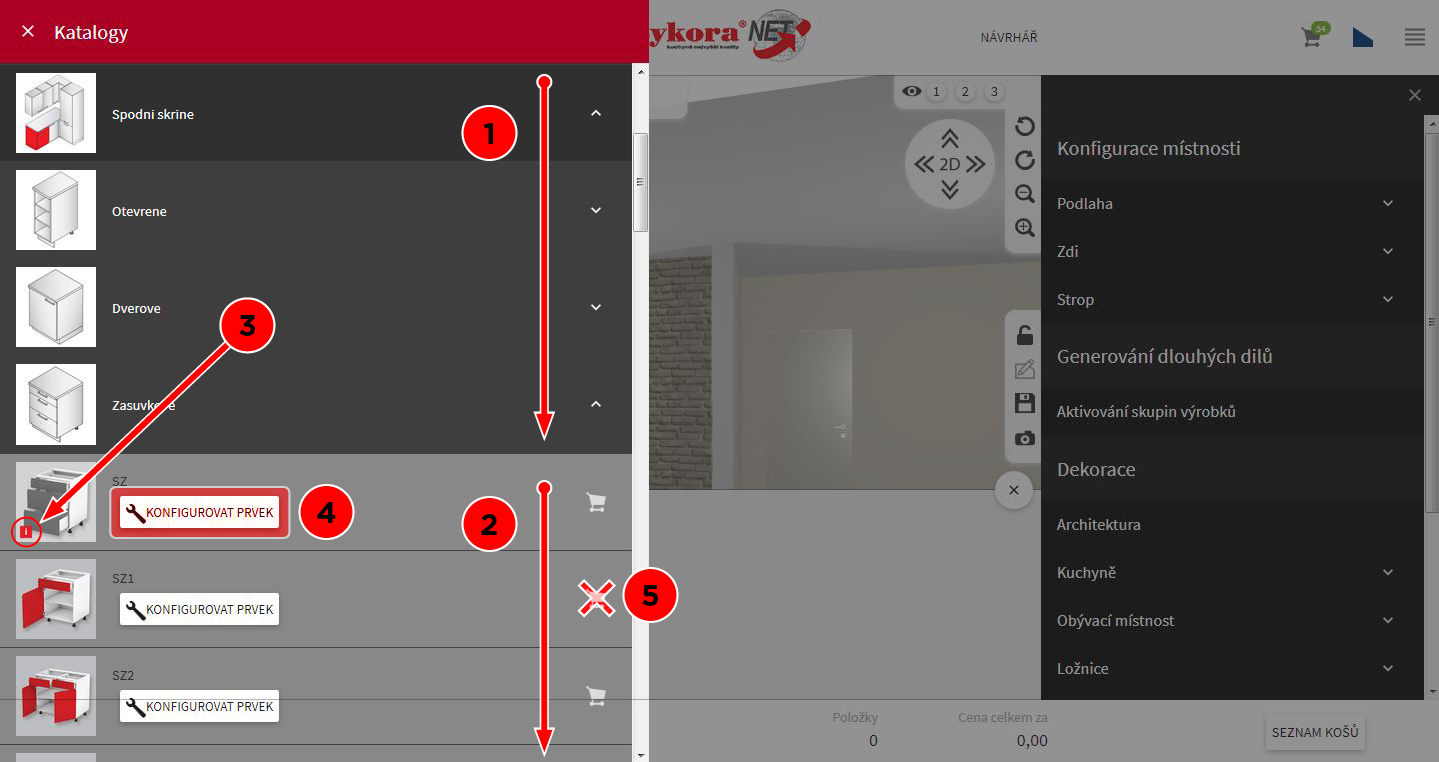 Vkládání produktů do scény a koše Vkládání produktů do scény a koše